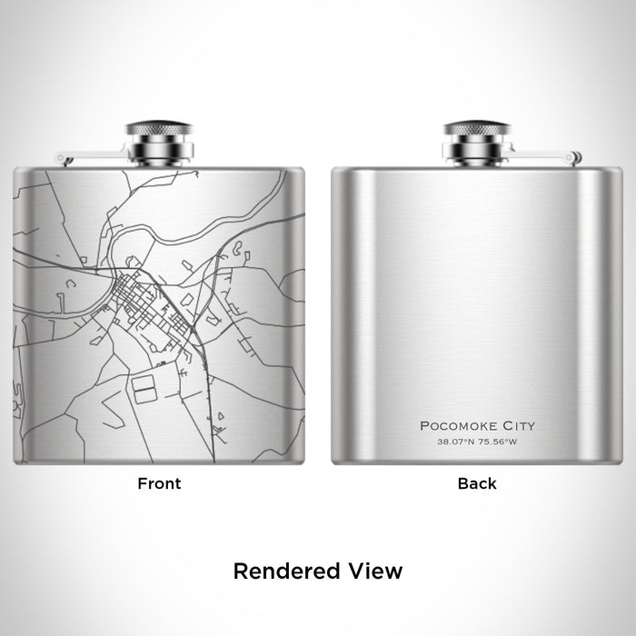 Rendered View of Pocomoke City Maryland Map Engraving on 6oz Stainless Steel Flask