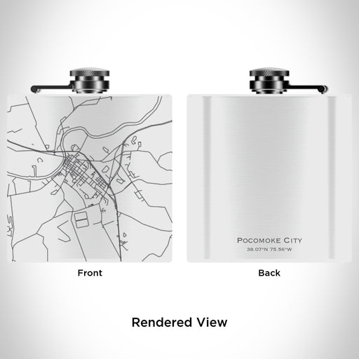Rendered View of Pocomoke City Maryland Map Engraving on 6oz Stainless Steel Flask in White