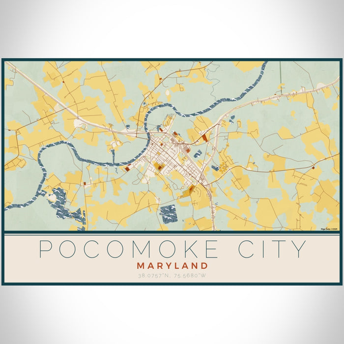 Pocomoke City Maryland Map Print Landscape Orientation in Woodblock Style With Shaded Background
