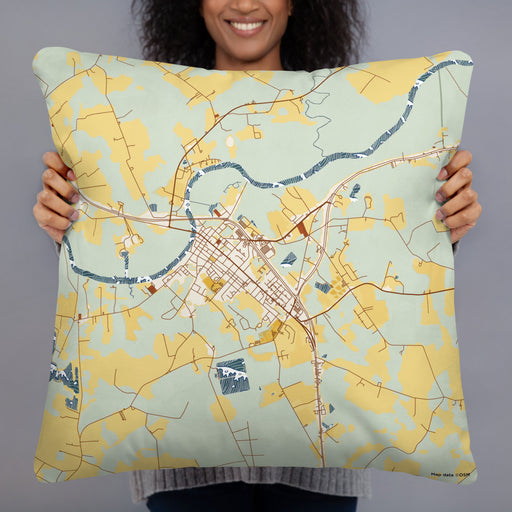 Person holding 22x22 Custom Pocomoke City Maryland Map Throw Pillow in Woodblock