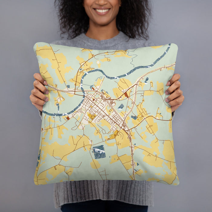 Person holding 18x18 Custom Pocomoke City Maryland Map Throw Pillow in Woodblock