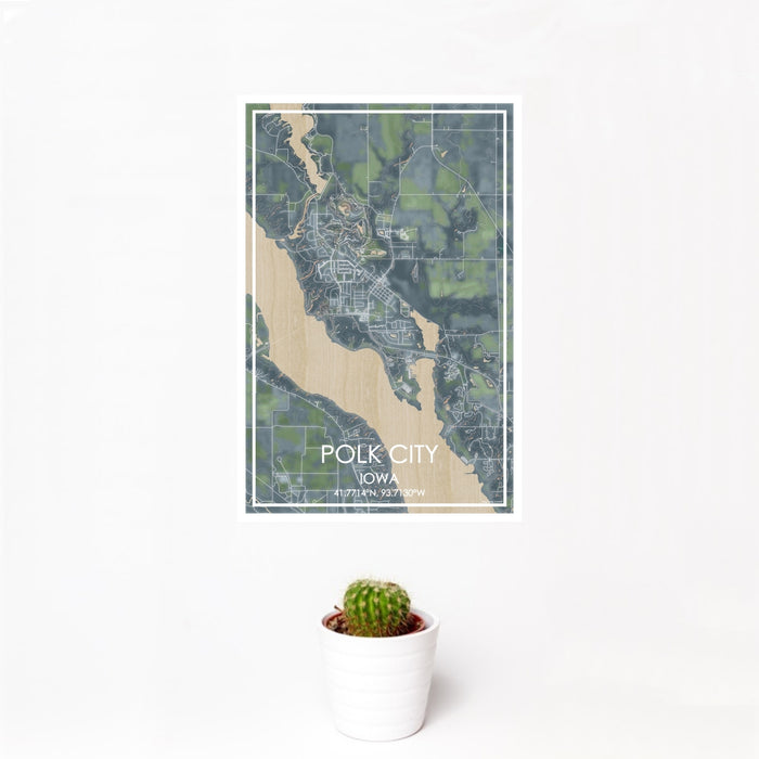 12x18 Polk City Iowa Map Print Portrait Orientation in Afternoon Style With Small Cactus Plant in White Planter