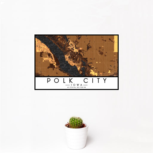 12x18 Polk City Iowa Map Print Landscape Orientation in Ember Style With Small Cactus Plant in White Planter
