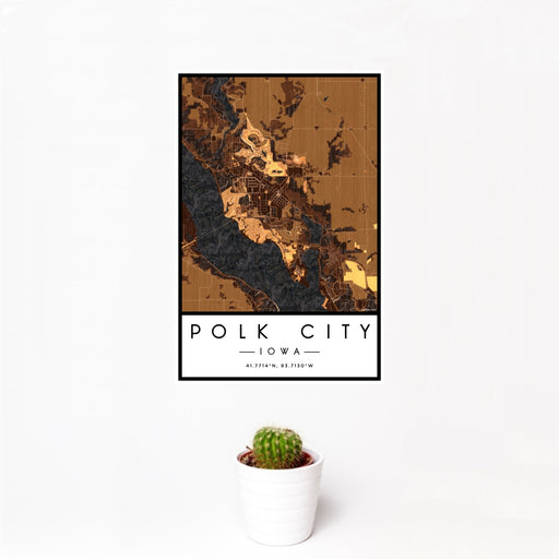 12x18 Polk City Iowa Map Print Portrait Orientation in Ember Style With Small Cactus Plant in White Planter