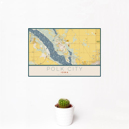 12x18 Polk City Iowa Map Print Landscape Orientation in Woodblock Style With Small Cactus Plant in White Planter