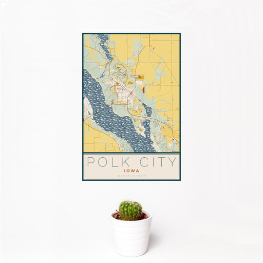 12x18 Polk City Iowa Map Print Portrait Orientation in Woodblock Style With Small Cactus Plant in White Planter