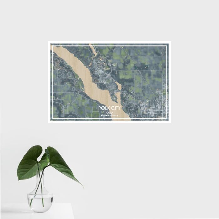 16x24 Polk City Iowa Map Print Landscape Orientation in Afternoon Style With Tropical Plant Leaves in Water