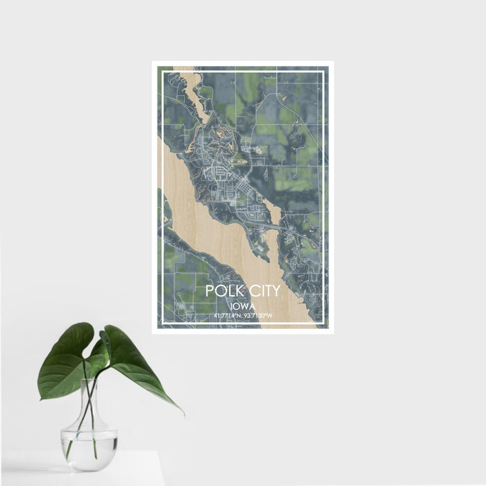 16x24 Polk City Iowa Map Print Portrait Orientation in Afternoon Style With Tropical Plant Leaves in Water