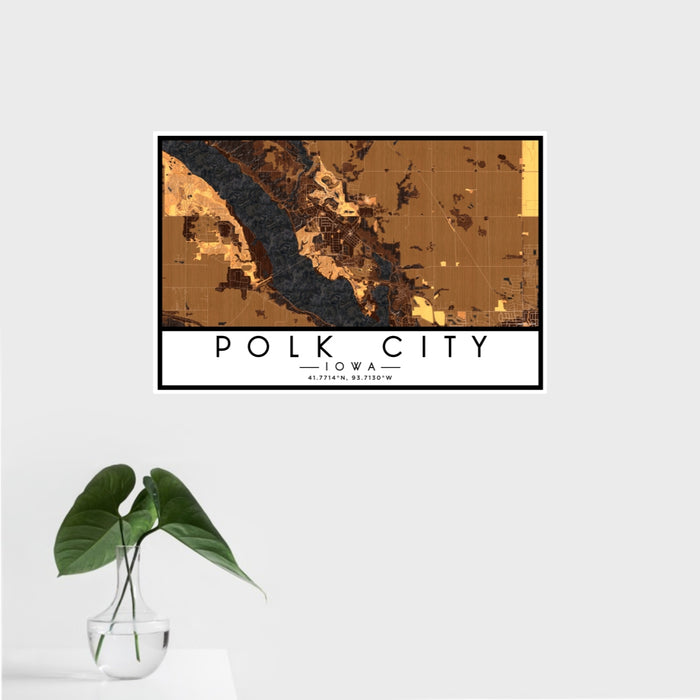 16x24 Polk City Iowa Map Print Landscape Orientation in Ember Style With Tropical Plant Leaves in Water