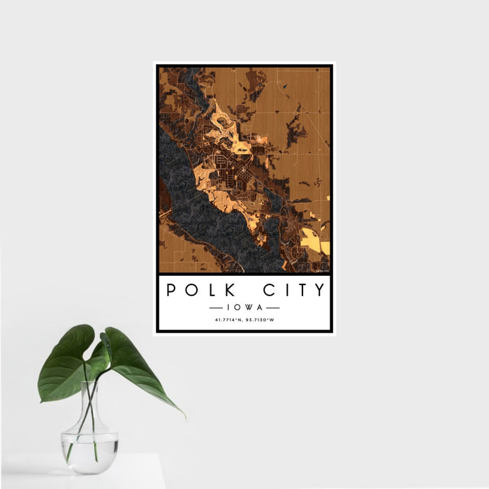 16x24 Polk City Iowa Map Print Portrait Orientation in Ember Style With Tropical Plant Leaves in Water