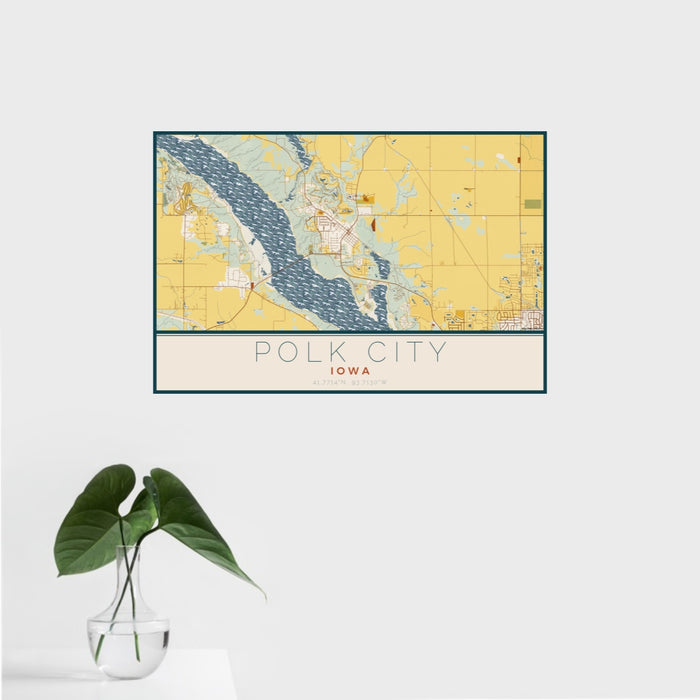 16x24 Polk City Iowa Map Print Landscape Orientation in Woodblock Style With Tropical Plant Leaves in Water