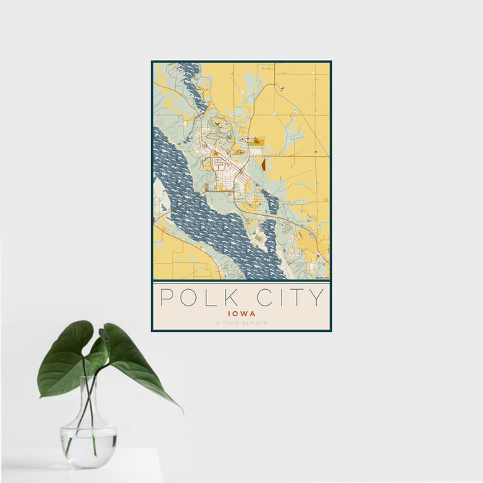 16x24 Polk City Iowa Map Print Portrait Orientation in Woodblock Style With Tropical Plant Leaves in Water