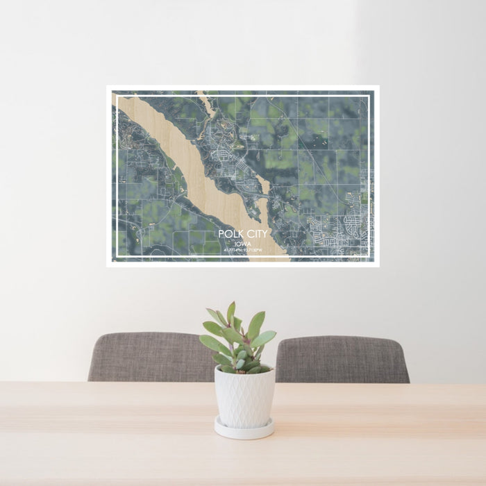 24x36 Polk City Iowa Map Print Lanscape Orientation in Afternoon Style Behind 2 Chairs Table and Potted Plant