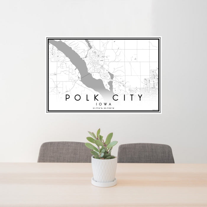 24x36 Polk City Iowa Map Print Lanscape Orientation in Classic Style Behind 2 Chairs Table and Potted Plant