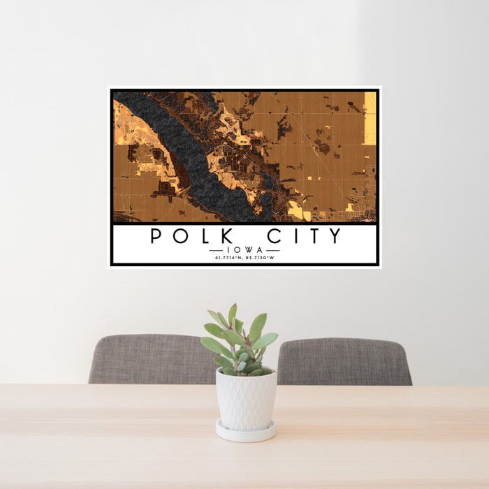 24x36 Polk City Iowa Map Print Lanscape Orientation in Ember Style Behind 2 Chairs Table and Potted Plant