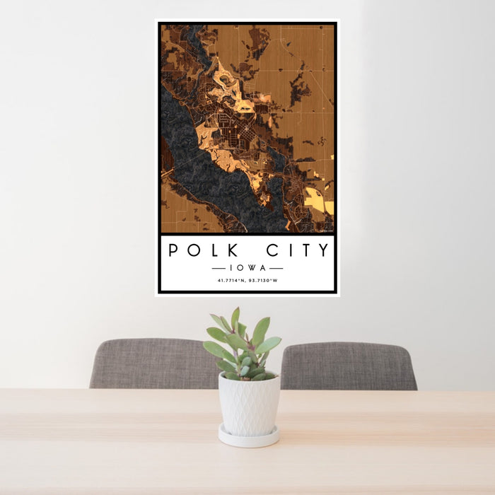 24x36 Polk City Iowa Map Print Portrait Orientation in Ember Style Behind 2 Chairs Table and Potted Plant