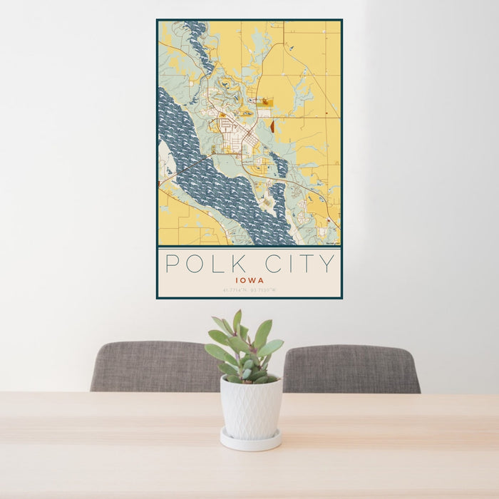 24x36 Polk City Iowa Map Print Portrait Orientation in Woodblock Style Behind 2 Chairs Table and Potted Plant