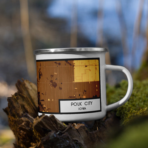 Right View Custom Polk City Iowa Map Enamel Mug in Ember on Grass With Trees in Background