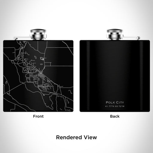 Rendered View of Polk City Iowa Map Engraving on 6oz Stainless Steel Flask in Black