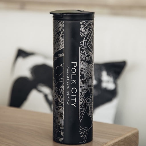 Polk City Iowa Custom Engraved City Map Inscription Coordinates on 17oz Stainless Steel Insulated Tumbler in Black