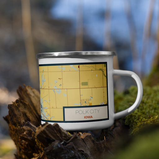 Right View Custom Polk City Iowa Map Enamel Mug in Woodblock on Grass With Trees in Background