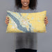 Person holding 20x12 Custom Polk City Iowa Map Throw Pillow in Woodblock