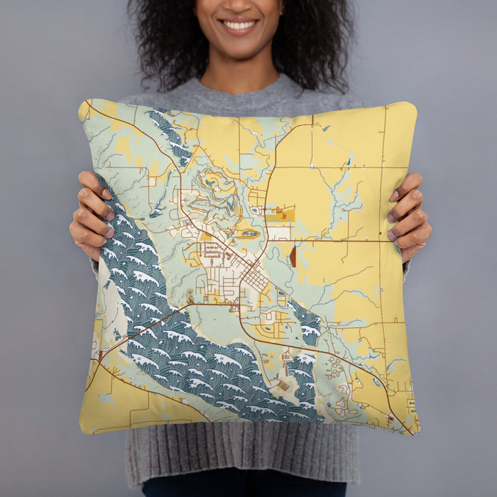 Person holding 18x18 Custom Polk City Iowa Map Throw Pillow in Woodblock