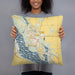 Person holding 18x18 Custom Polk City Iowa Map Throw Pillow in Woodblock