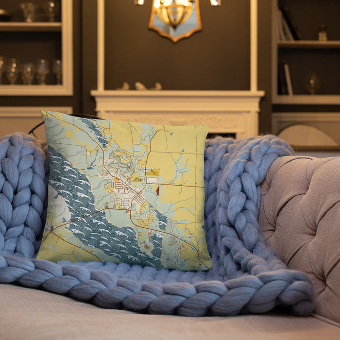 Custom Polk City Iowa Map Throw Pillow in Woodblock on Cream Colored Couch