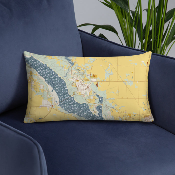 Custom Polk City Iowa Map Throw Pillow in Woodblock on Blue Colored Chair