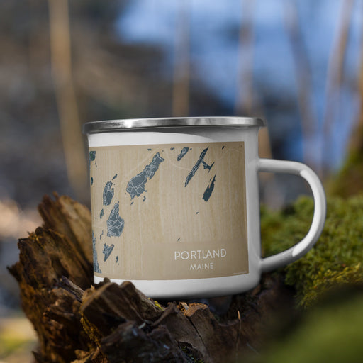 Right View Custom Portland Maine Map Enamel Mug in Afternoon on Grass With Trees in Background