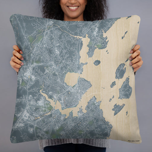 Person holding 22x22 Custom Portland Maine Map Throw Pillow in Afternoon