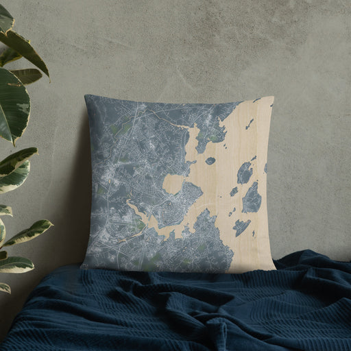 Custom Portland Maine Map Throw Pillow in Afternoon on Bedding Against Wall