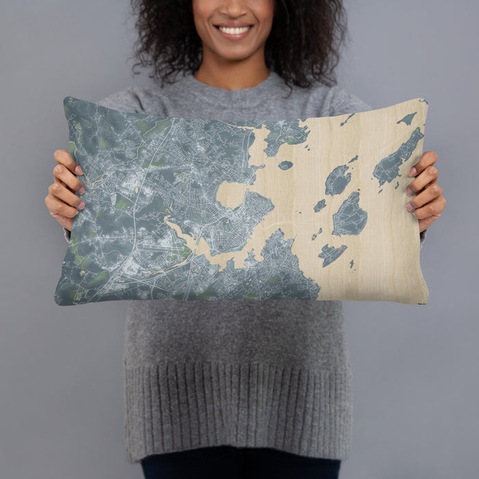 Person holding 20x12 Custom Portland Maine Map Throw Pillow in Afternoon