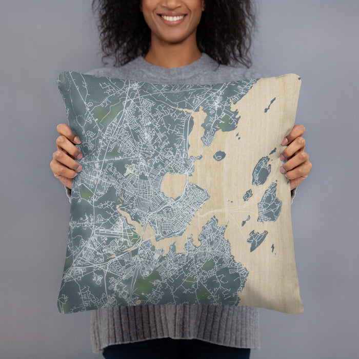 Person holding 18x18 Custom Portland Maine Map Throw Pillow in Afternoon