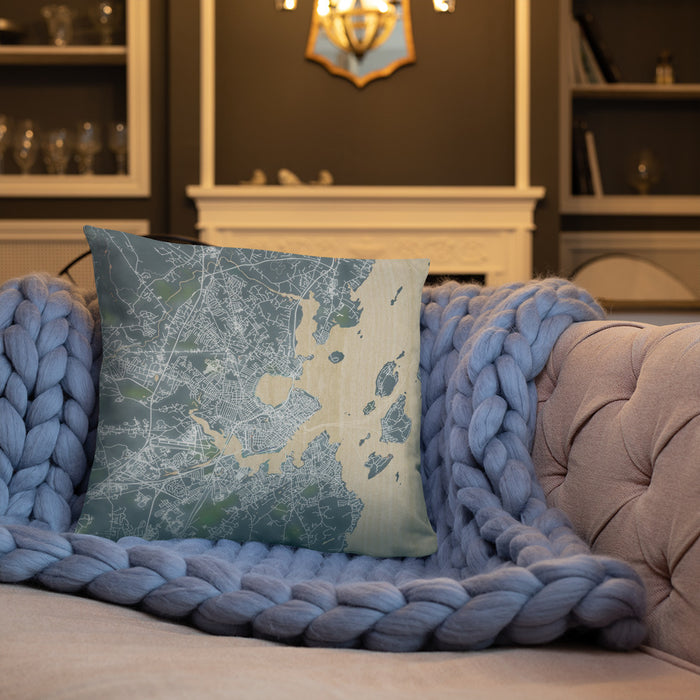 Custom Portland Maine Map Throw Pillow in Afternoon on Cream Colored Couch