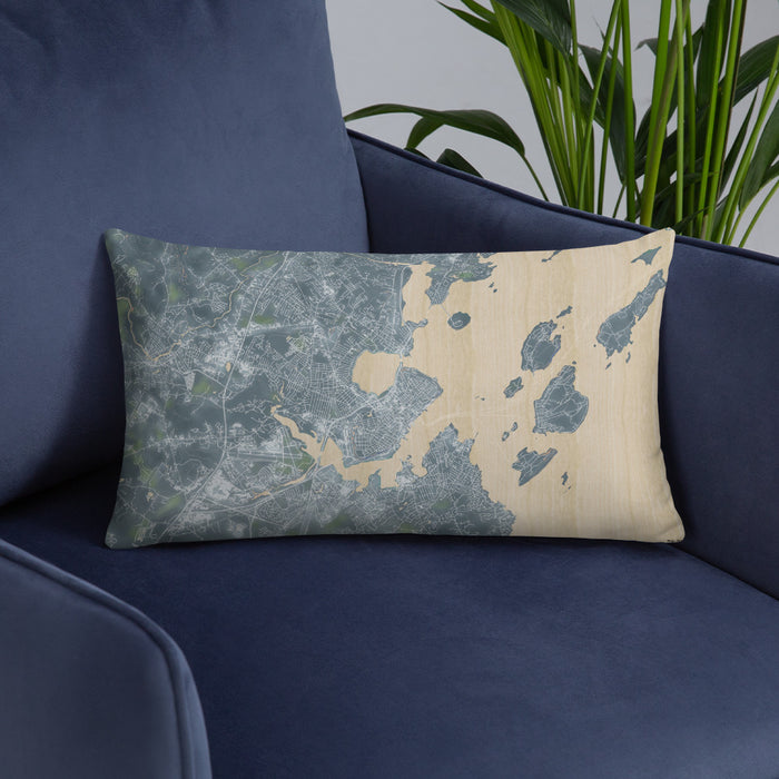 Custom Portland Maine Map Throw Pillow in Afternoon on Blue Colored Chair