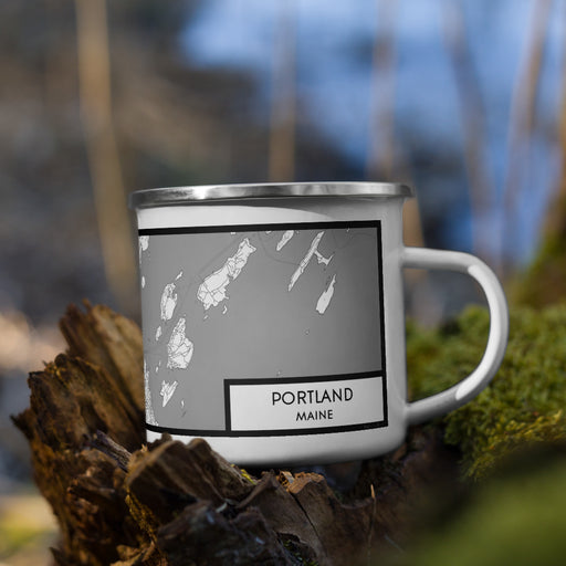 Right View Custom Portland Maine Map Enamel Mug in Classic on Grass With Trees in Background