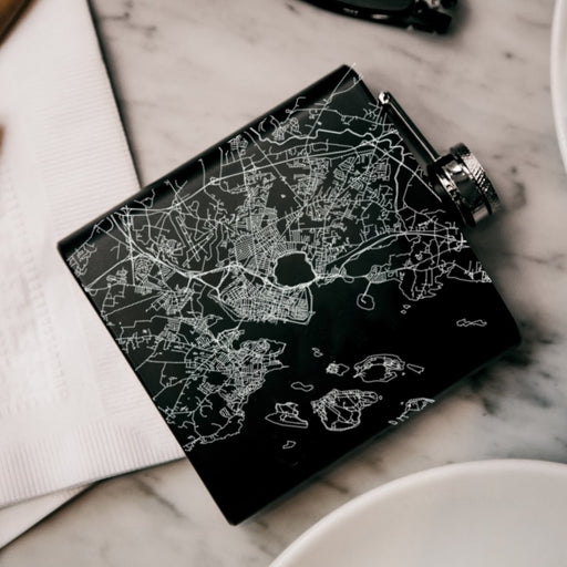 Portland Maine Custom Engraved City Map Inscription Coordinates on 6oz Stainless Steel Flask in Black