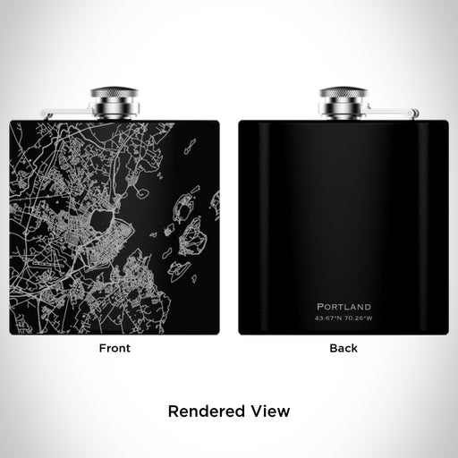 Rendered View of Portland Maine Map Engraving on 6oz Stainless Steel Flask in Black