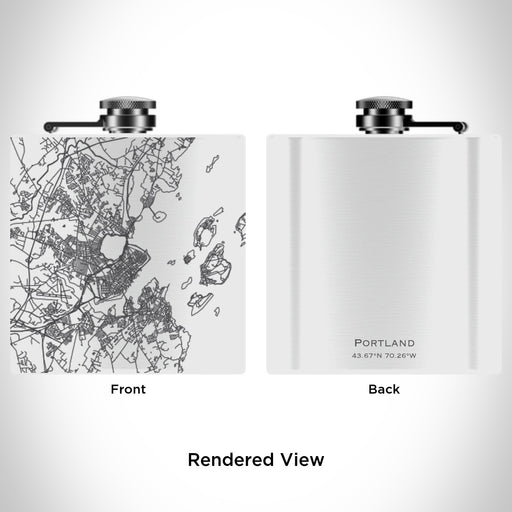 Rendered View of Portland Maine Map Engraving on 6oz Stainless Steel Flask in White