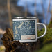 Right View Custom Portland Maine Map Enamel Mug in Woodblock on Grass With Trees in Background