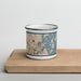 Front View Custom Portland Maine Map Enamel Mug in Woodblock on Cutting Board