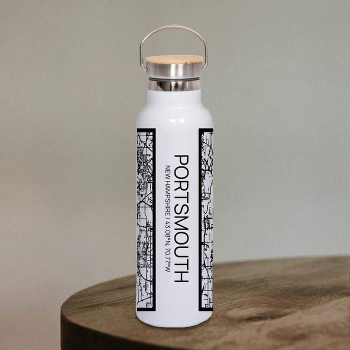 Portsmouth New Hampshire Custom City Map Inscription Coordinates on 20oz Stainless Steel Insulated Bottle with Bamboo Top in Matte White with printed Tactile Lines Map in Black