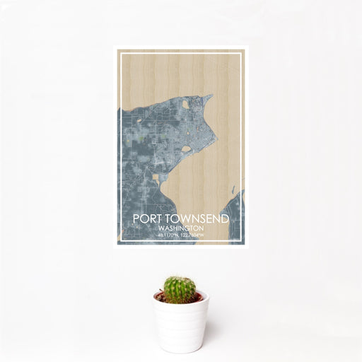 12x18 Port Townsend Washington Map Print Portrait Orientation in Afternoon Style With Small Cactus Plant in White Planter