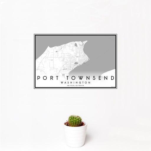 12x18 Port Townsend Washington Map Print Landscape Orientation in Classic Style With Small Cactus Plant in White Planter