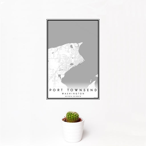 12x18 Port Townsend Washington Map Print Portrait Orientation in Classic Style With Small Cactus Plant in White Planter