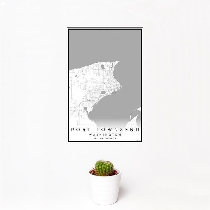 12x18 Port Townsend Washington Map Print Portrait Orientation in Classic Style With Small Cactus Plant in White Planter