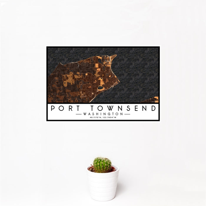 12x18 Port Townsend Washington Map Print Landscape Orientation in Ember Style With Small Cactus Plant in White Planter