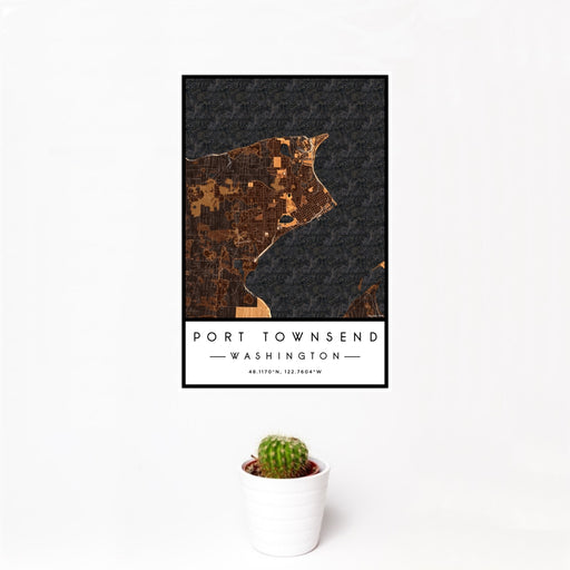 12x18 Port Townsend Washington Map Print Portrait Orientation in Ember Style With Small Cactus Plant in White Planter